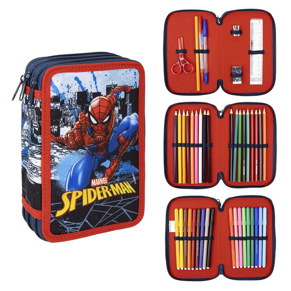 Triple Pencil Case Spiderman 43 Pieces Blue (12 x 19,5 x 6,5 cm)